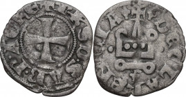 Filippo d'Acaja, monetazione in levante (1303-1304). Denaro tornese. MIR (Savoia, collaterali) 12c; Sim. 11; Biaggi 10c. MI. 0.71 g. 18.50 mm. BB.