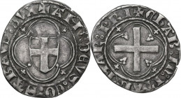 Amedeo VIII, Conte (1391-1416) - (1391-1398 reggenza di Bona di Borbone). Mezzo grosso chiablese IV tipo, Chambery e/o Nyon. MIR (Savoia) 115; Sim. 10...