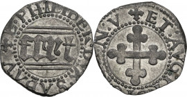 Emanuele Filiberto Duca (1559-1580). Quarto di grosso II tipo, Aosta. MIR (Savoia) 540b; Sim. 64; Biaggi 456c. MI. 1.32 g. 16.00 mm. Argentatura. La l...