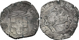 Carlo Emanuele I (1580-1630). Cavallotto I tipo 1587, Torino. MIR (Savoia) 656d; Sim. 64; Biaggi 552. MI. 2.83 g. 21.00 mm. R. T tra triangoli di glob...