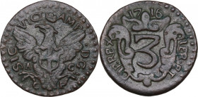 Vittorio Amedeo II, Re di Sicilia (1713-1718). 3 piccioli 1716. MIR (Savoia) 903d; Sim. 62; Biaggi 771a. CU. 2.55 g. 19.00 mm. Bel BB.