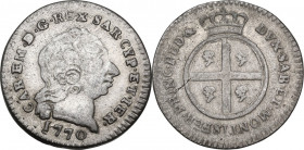 Carlo Emanuele III (1730-1773). Monetazione per la Sardegna. Mezzo reale nuovo 1770, Torino. MIR (Savoia) 964c; Sim. 51; Biaggi 829d. MI. 2.68 g. 20.0...