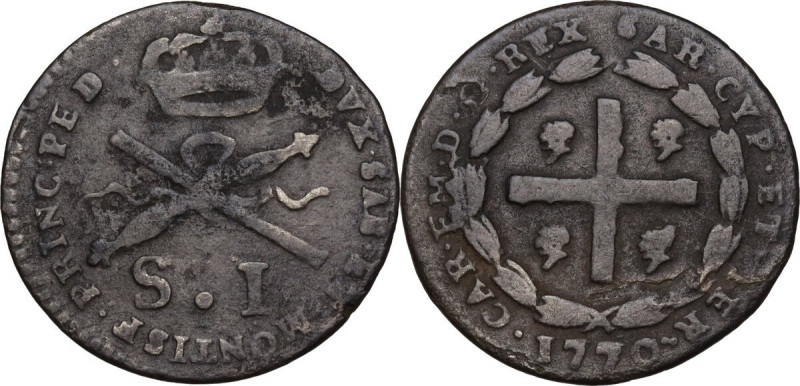 Carlo Emanuele III (1730-1773). Monetazione per la Sardegna. Soldo sardo 1770, T...