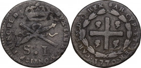 Carlo Emanuele III (1730-1773). Monetazione per la Sardegna. Soldo sardo 1770, Torino. MIR (Savoia) 965c; Sim. 52/3; Biaggi 830. MI. 1.63 g. 19.00 mm....