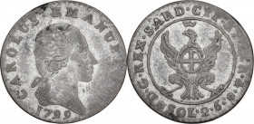Carlo Emanuele IV (1796-1800). 2,6 soldi 1799, Torino. MIR (Savoia) 1015b; Pag. 8. MI. 2.30 g. 20.00 mm. R. Occupazione Austro-Russa qBB.