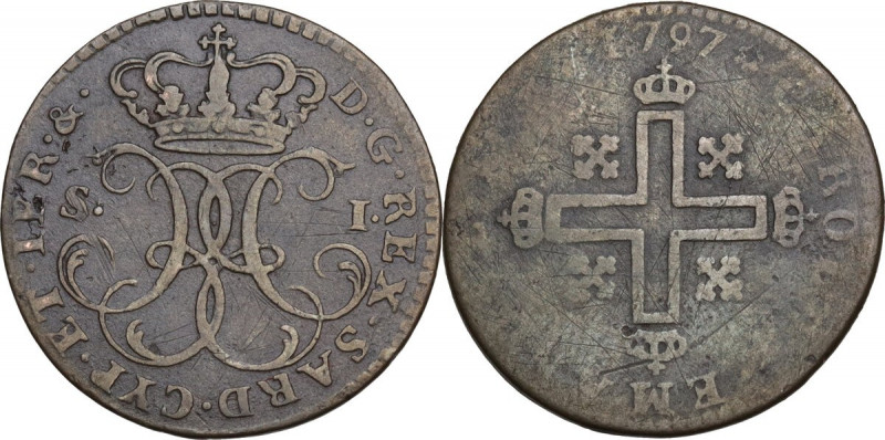 Carlo Emanuele IV (1796-1800). Soldo 1797, Torino. MIR (Savoia) 1016c; Mont. 25....