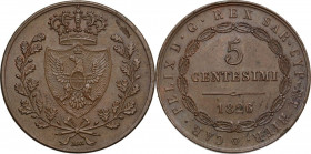 Carlo Felice (1821-1831). 5 centesimi 1826 senza segno di zecca, Bologna. Pag. -; Mont. 133. CU. 28.00 mm. R. Minimo colpetto sul ciglio del rovescio....