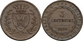 Carlo Felice (1821-1831). 3 centesimi 1826 senza segno di zecca, Bologna. Pag. -; Mont. 137. CU. 23.00 mm. Bel BB+/qSPL.