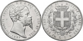 Vittorio Emanuele II, Re di Sardegna (1849-1861). 5 lire 1857 Genova. Pag. 383; Mont. 55. AG. 37.00 mm. RR. Colpetti e segnetti BB.