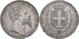 Vittorio Emanuele II, Re di Sardegna (1849-1861). 5 lire 1860 B, Torino. Pag. 389; Mont. 60. AG. 37.00 mm. RR. Graffietti e colpi. Principio di patina...