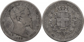 Vittorio Emanuele II, Re di Sardegna (1849-1861). Lira 1859 Milano. Pag. 413; Mont. 87. AG. 23.00 mm. R. MB.
