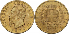 Vittorio Emanuele II, Re d'Italia (1861-1878). 20 lire 1870 Torino. Pag. 465; Mont. 140. AU. 21.00 mm. RR. qFDC.