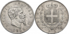 Vittorio Emanuele II, Re d'Italia (1861-1878). 5 lire 1864 Napoli. Pag. 485; Mont. 166. AG. 37.00 mm. R. Segnetto sul ciglio del rovescio. BB+/qSPL.