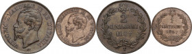 Vittorio Emanuele II, Re d'Italia (1861-1878). Lotto di due (2) monete da 2 Centesimi 1867 Torino e Centesimo 1867 Torino. Pag. 561 e 566; Mont. 257 e...