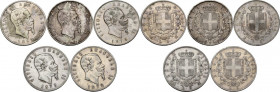 Vittorio Emanuele II, Re d'Italia (1861-1878). Lotto di cinque (5) monete da 5 lire: 1862 N, 1869 M, 1875 M, 1876 R, 1878 R. AG. 37.00 mm. R.