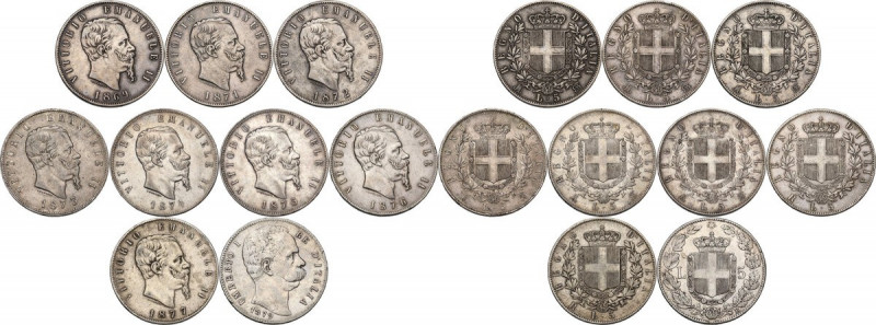 Vittorio Emanuele II, Re d'Italia (1861-1878). Lotto di nove (9) monete da 5 lir...