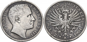 Vittorio Emanuele III (1900-1943). 2 lire 1904. Pag. 728; Mont. 143. AG. 27.00 mm. RR. BB.