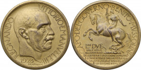 Vittorio Emanuele III (1900-1943). 2 lire 1928 Fiera di Milano. Mont. 9. Metallo dorato. 29.00 mm. Doratura praticamente completa SPL.
