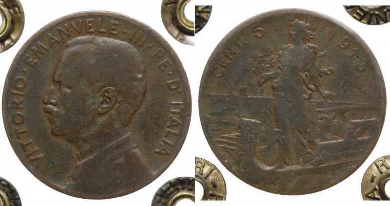 Vittorio Emanuele III (1900-1943). 5 centesimi 1913, senza punto. Pag. 895; Mont...