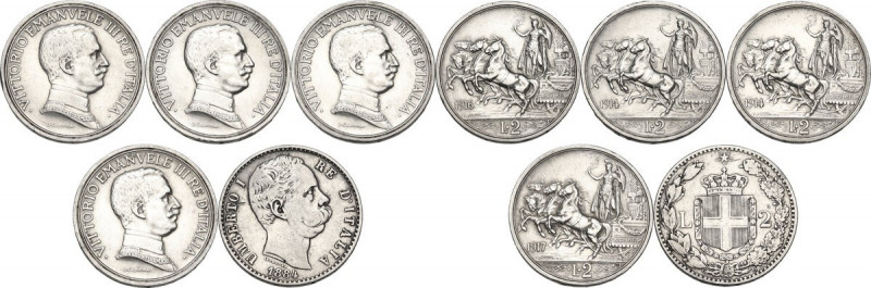 Vittorio Emanuele III (1900-1943). Lotto di cinque (5) monete da 2 lire: 1884 (U...