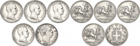 Vittorio Emanuele III (1900-1943). Lotto di cinque (5) monete da 2 lire: 1884 (Umberto), 1914 (2), 1916, 1917. AG.