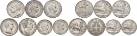 Vittorio Emanuele III (1900-1943). Lotto di sette (7) monete: 2 lire 1886 (Umberto I), 2 lire 1908, 2 lire 1911 cinquantenario, 2 lire 1912, 2 lire 19...