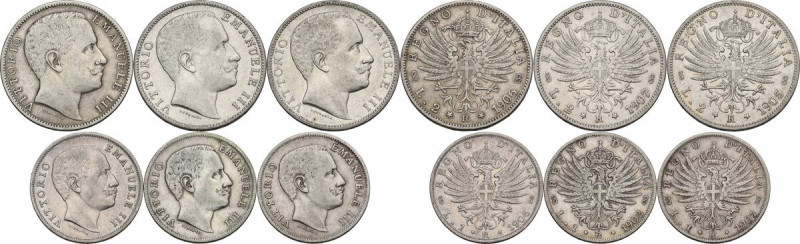 Vittorio Emanuele III (1900-1943). Lotto di sei (6) monete: 2 lire 1905, 1906, 1...