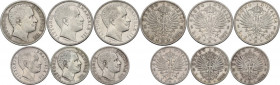 Vittorio Emanuele III (1900-1943). Lotto di sei (6) monete: 2 lire 1905, 1906, 1907 e lira 1902, 1906, 1907. AG.