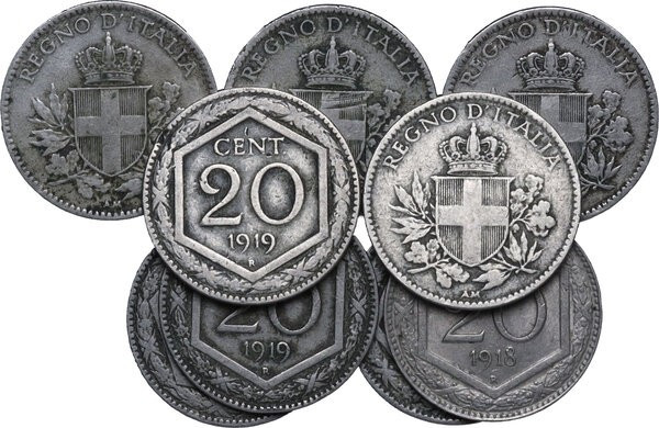 Vittorio Emanuele III (1900-1943). Lotto di nove (9) monete da 20 centesimi: 191...