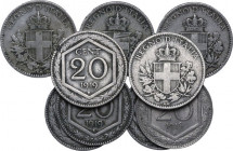 Vittorio Emanuele III (1900-1943). Lotto di nove (9) monete da 20 centesimi: 1918 liscio (3), 1918 rigato, 1919 liscio (4), 1920 liscio. NI.