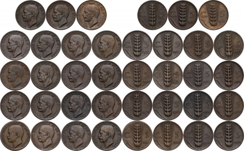 Vittorio Emanuele III (1900-1943). Serie completa di diciannove (19) monete da 5...