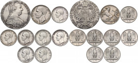 Vittorio Emanuele III (1900-1943). Lotto di nove (9) monete: 10 lire 1927 **, 5 lire 1926, 1927, 1928, 1929 (2), 1930 (2), tallero di Maria Teresa. AG...
