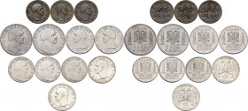 Albania. Vittorio Emanuele III (1900-1943). Lotto di dodici (12) monete: 5 lek 1939 A. XVII (2), lek 1939 A. XVIII (2), 0,5 lek 1940 A. XVIII, 1941 A....