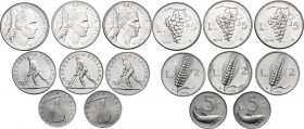 Lotto di otto (8) monete: 5 Lire 1948, 1949 e 1950; 5 Lire 1953 (2); 2 Lire 1950 (3). IT. Insieme di alta conservazione.