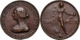 Caterina Sforza Riario (1463-1509). Medaglia s.d. (1495). D/ CATARINA SFOR VICECO DERIARIO IMOLAE FORLIVII DNA. Busto drappeggiato a sinistra. R/ TIBI...