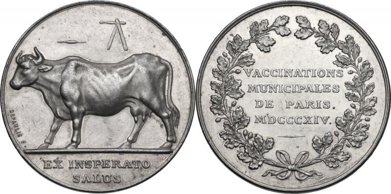 Medaglia 1814 per la campagna di vaccinazioni. D/ Bue a sinistra; in esergo, EX ...