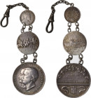 Catena per orologio da taschino composta da due medaglie dei carabinieri e 5 Cents di Edoardo VII 1907. AR. 12.50 mm. Bel BB.