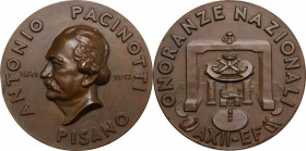 Antonio Pacinotti (1841-1912), scienziato. Medaglia A. XII, Onoranze Nazionali. Casolari XII-145 (AG). AE. 61.00 mm. Opus: G. Cenni. Colpetto al cigli...