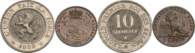 Belgium. Leopold II (1865-1909), King of the Belgians. Lot of two (2) coins: 10 Centimes 1862 and 1 Centime 1902. KM 22 and 34.1. AE- CU/NI. UNC.