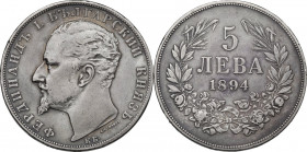 Bulgaria. Ferdinand I (1887-1908). 5 leva 1894 KB, Kremnitz mint. KM 7. AR. 32.00 mm. VF+.