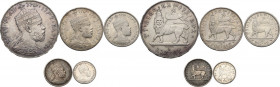Ethiopia. Menelik II (1889-1913). Lot of five (5) coins: Birr 1889 A, 1/2 Birr 1889 A, 1/4 Birr 1889 A, 1/32 Birr 1889 A and Gersh 1895. AR.