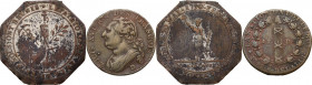 France. Lot of two coins: 12 deniers 1792 D, Lyon mint and medal/jeton 1790 for the Fédération martiale de Lyon. AE / Silvered AE.