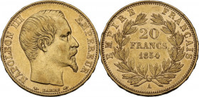 France. Napoleon III (1852-1870). 20 Francs 1854 A, Paris mint. Fried. 574; Gad. 1061. AV. 21.00 mm. About VF/Good VF.