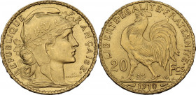 France. Third Republic (1871-1940). 20 Francs 1910. KM 857; Gad. 1064a; Fried. 596a. AV. 21.00 mm. MS.