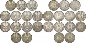 Germany. Lot of thirteen (13) 5 marks coins: 1951 (4) F, J, D, (2) G, 1956 D, 1958 G, 1963 J, 1965 (2) G. AR.