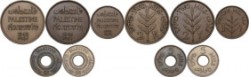 Palestine. British Administration. Lot of five (5) coins: 5 mils 1939, 1942; 2 mils 1941, 1942; mil 1939. AE, Cu-Ni.