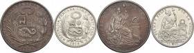 Peru'. Republic. Lot of two (2) coins: sol 1924 (XF) and 1/2 sol 1914 (AU). AR.