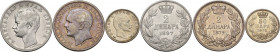 Serbia. Lot of three (3) coins: Milan Obrenović IV, 2 Dinar 1879; Alexander I, 2 Dinar 1897 and Peter I, 50 Para 1915. KM 11; 22; 24.4. AR. 2.50 g. 18...