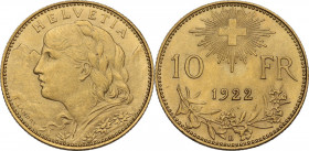 Switzerland. Confederation (1848- ). 10 Francs 1922 B, Bern mint. KM 36; Fried. 504; HMZ-2-1196g. AV. 19.00 mm. MS.