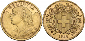 Switzerland. Confederation. 20 Francs 1930 B, Bern mint. Fried. 499; HMZ 2-1195z. AV. 21.00 mm. Lustrous MS.